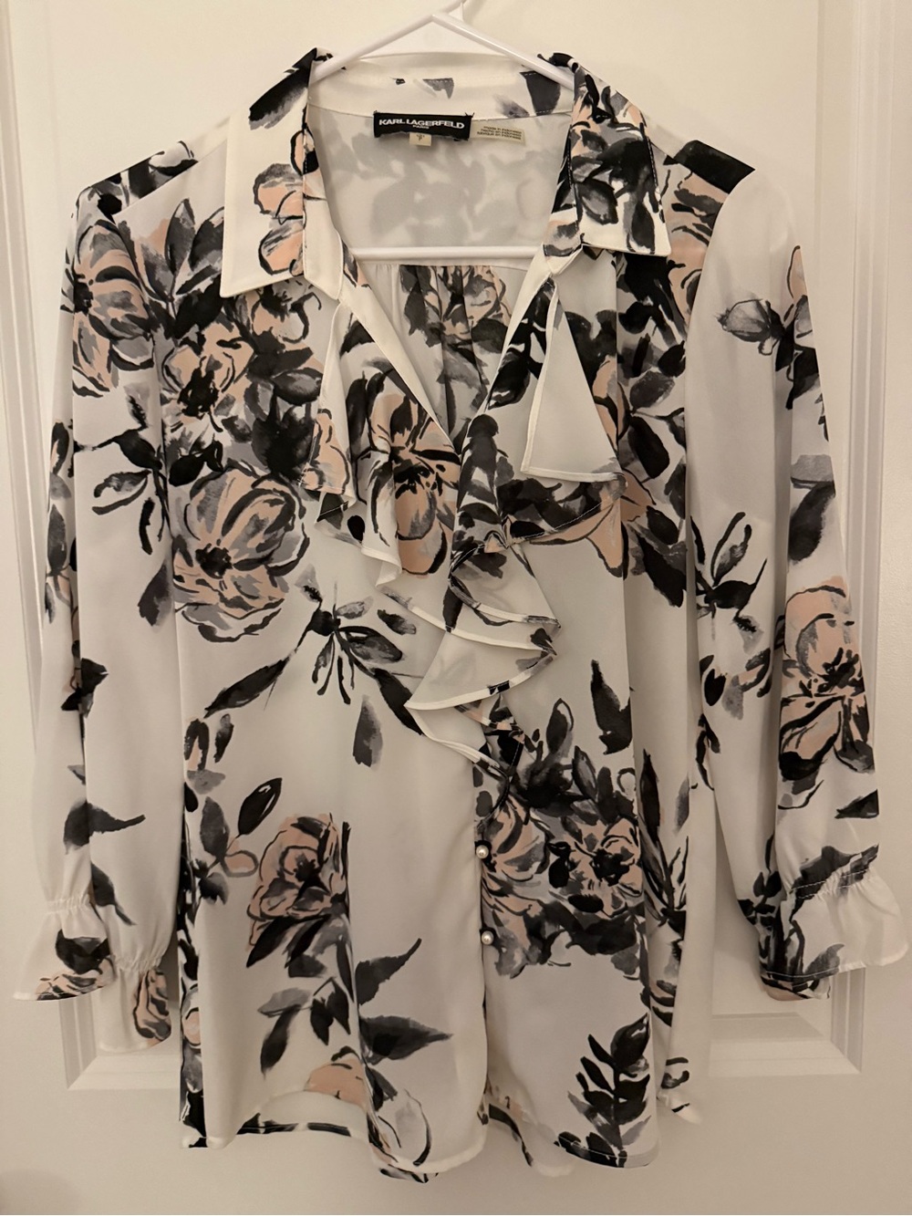Karl Lagerfeld Cream Blush and Black Floral Ruffle Blouse